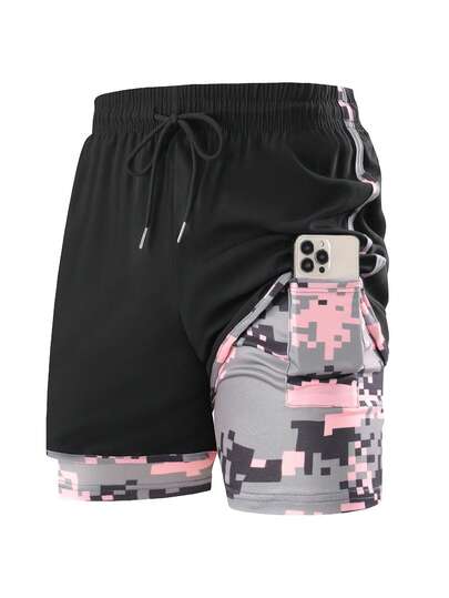 Shorts de sport 2-en-1 camouflage pour hommes avec poche pour téléphone, shorts de course et d'entraînement fitness à double couche séchage rapide, short de compression doublure camouflage numérique rose