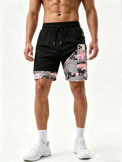 Shorts de sport 2-en-1 camouflage pour hommes avec poche pour téléphone, shorts de course et d'entraînement fitness à double couche séchage rapide, short de compression doublure camouflage numérique rose