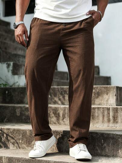 VENTUSAIL Pantalon décontracté en coton pur pour hommes grande taille, avec poches obliques et cordon de serrage à la taille