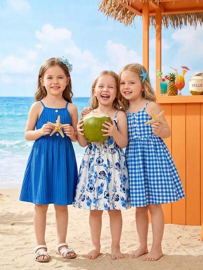 3 pièces/Set Robe camisole imprimée florale pour filles + Robe camisole de couleur unie avec boutons + Robe camisole imprimée à carreaux avec décoration de boutons patchwork, Robes de la série bleue pour filles, Convient pour le port quotidien en été, les