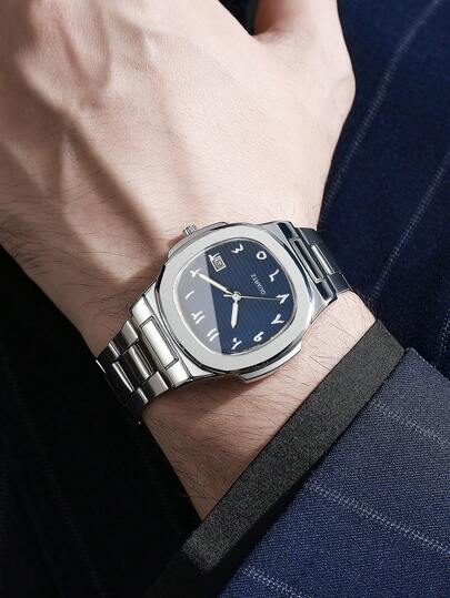 4 pièces/set Montre cadeau pour homme, montre-bracelet à quartz décontractée avec cadran carré à chiffres arabes et calendrier (boîte de montre non incluse)