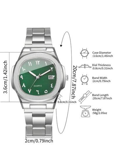 4 pièces/set Montre cadeau pour homme, montre-bracelet à quartz décontractée avec cadran carré à chiffres arabes et calendrier (boîte de montre non incluse)