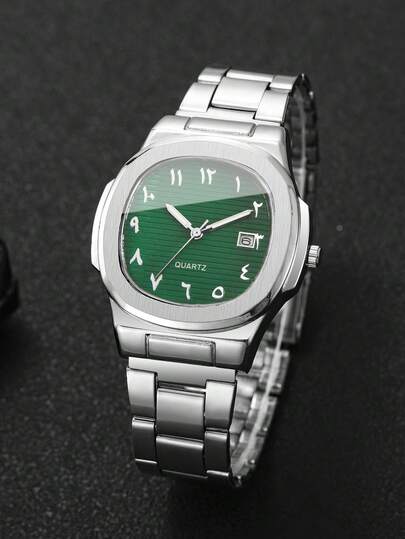 4 pièces/set Montre cadeau pour homme, montre-bracelet à quartz décontractée avec cadran carré à chiffres arabes et calendrier (boîte de montre non incluse)