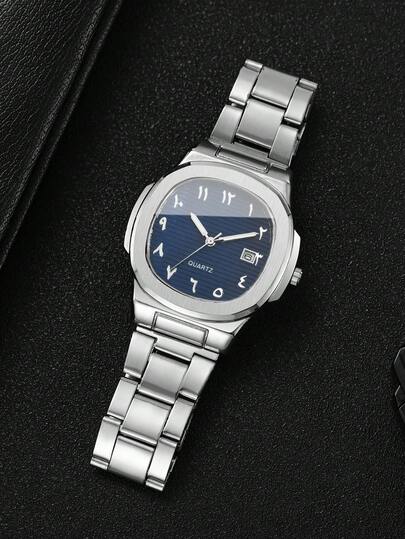 4 pièces/set Montre cadeau pour homme, montre-bracelet à quartz décontractée avec cadran carré à chiffres arabes et calendrier (boîte de montre non incluse)