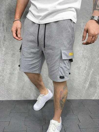 Short décontracté en tricot pour hommes, avec décorations de patchs multi-poches. Pantalon d'été polyvalent pour l'extérieur et les sports