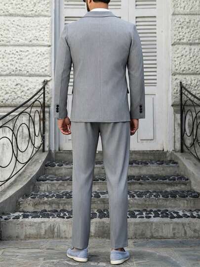 Manfinity Mode Ensemble de veste et pantalon de costume formel élégant gris pour hommes, tenue de mariage décontractée d'affaires d'automne pour les trajets, les fêtes & les banquets, la cérémonie