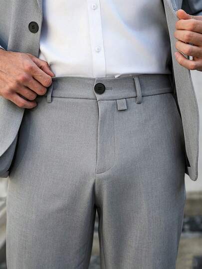 Manfinity Mode Ensemble de veste et pantalon de costume formel élégant gris pour hommes, tenue de mariage décontractée d'affaires d'automne pour les trajets, les fêtes & les banquets, la cérémonie