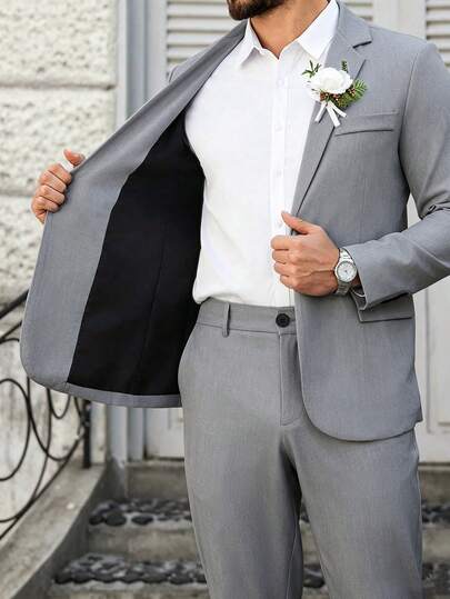 Manfinity Mode Ensemble de veste et pantalon de costume formel élégant gris pour hommes, tenue de mariage décontractée d'affaires d'automne pour les trajets, les fêtes & les banquets, la cérémonie