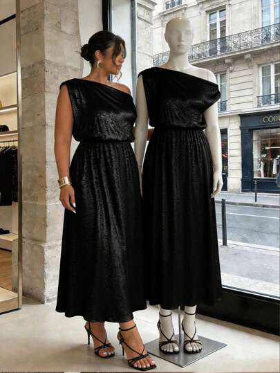 Firerie Robe élégante et romantique pour femmes, avec épaule asymétrique dorée et taille froncée en forme de ligne A. Convient pour les vacances, les fêtes, les trajets quotidiens, la Saint-Valentin, les concerts, les remises de diplômes, la Fête des ense