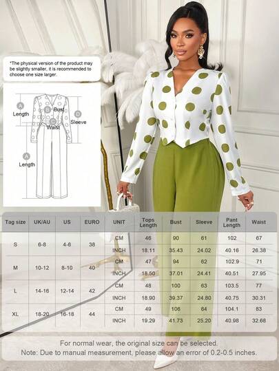 AIJ Ensemble 2 pièces femme Amarilo, Top à manches longues col V blanc et vert à pois, pantalon large. Tenue de bureau vintage élégante, parfaite pour l'automne, l'hiver et le printemps, idéale pour les vacances