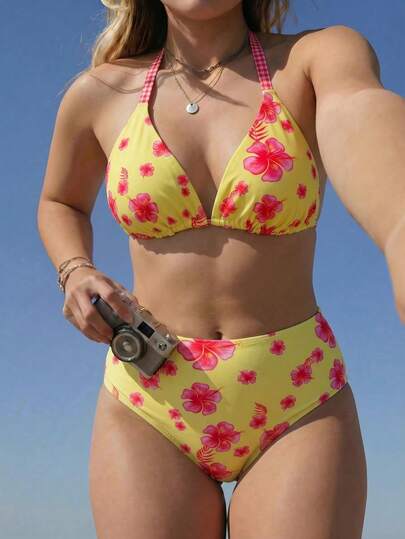 Swim Mod Bikini 2 pièces grande taille pour femme, imprimé floral, bretelles spaghetti, sexy, style tropical, pour plage et vacances d'été, jaune