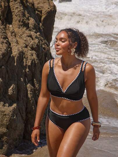 Travachic Ensemble de maillots de bain de plage grande taille avec bordure contrastée noir & blanc pour femmes