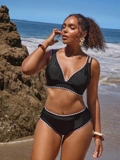Travachic Ensemble de maillots de bain de plage grande taille avec bordure contrastée noir & blanc pour femmes