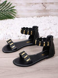 Sandales plates romaines d'été 2026 pour femmes, décor métallique blanc, design à zip arrière et bout ouvert, semelle souple, chaussures décontractées polyvalentes pour le quotidien, les trajets, la plage et les vacances, confortables, antidérapantes, chi
