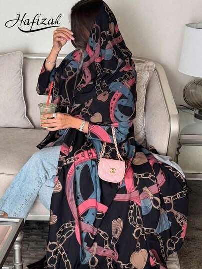 Hafizah Cardigan imprimé, foulard, vêtement d'extérieur, robe longue, imprimé chaîne, mode femme, robe longue noire, vacances, automne