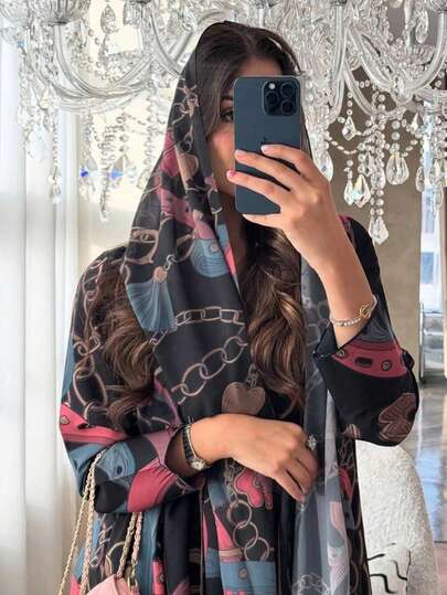 Hafizah Cardigan imprimé, foulard, vêtement d'extérieur, robe longue, imprimé chaîne, mode femme, robe longue noire, vacances, automne