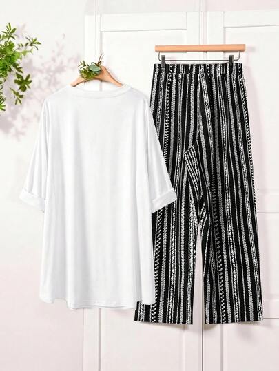 Rusticease Ensemble 2 pièces pour femmes grande taille, top décontracté doux de couleur unie et pantalon blanc, style vacances et formel pour l'été