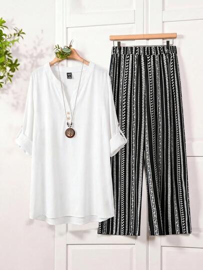 Rusticease Ensemble 2 pièces pour femmes grande taille, top décontracté doux de couleur unie et pantalon blanc, style vacances et formel pour l'été