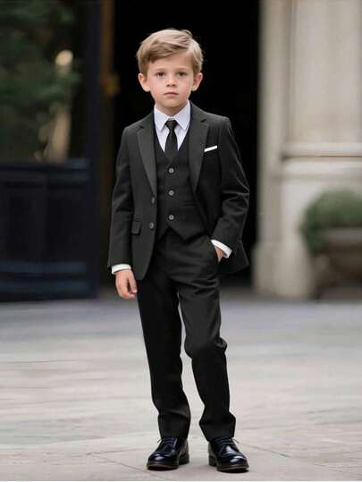 5 pièces Ensemble costume pour garçons, tenue de cérémonie pour tout-petits, tenue de garçon d'honneur, veste de costume de mariage, gilet, pantalon, chemise, cravate, costume formel pour jeune garçon, noir, taille 3-10 ans