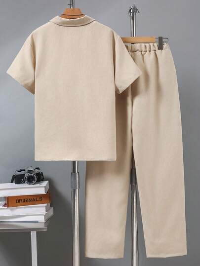 Vacaura Ensemble 3 pièces : Chemise à manches courtes avec col rabattu à la mode pour garçons + Pantalon décontracté à jambe droite, convient pour le printemps, l'été et l'automne