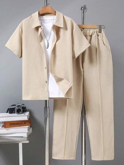 Vacaura Ensemble 3 pièces : Chemise à manches courtes avec col rabattu à la mode pour garçons + Pantalon décontracté à jambe droite, convient pour le printemps, l'été et l'automne