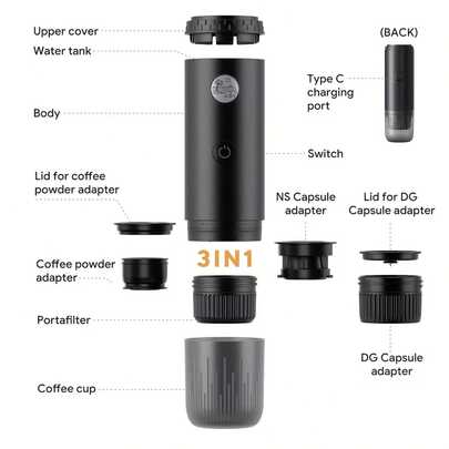 Machine à espresso italienne portable, machine à café sans fil, recharge USB, fonction d'auto-chauffage, machine à café en capsules portable, compatible avec le café moulu et les capsules. Convient pour la maison, le bureau, le camping en plein air et les