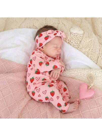 Ensemble de pyjama à manches longues en tricot avec motif fraise, confortable et mignon pour bébé fille nouveau-né