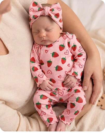 Ensemble de pyjama à manches longues en tricot avec motif fraise, confortable et mignon pour bébé fille nouveau-né