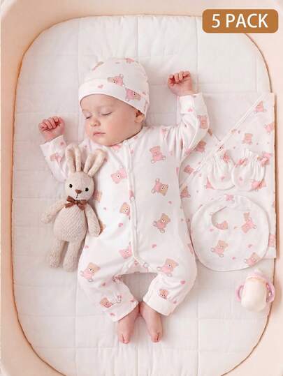 5 pièces Ensemble cadeau pour nouveau-né fille, style mignon et doux avec motif d'ours rose en forme de cœur, body à col ras du cou à manches longues + chapeau + gants + bavoir + couverture d'emmaillotage, ensemble à manches longues pour le printemps et l