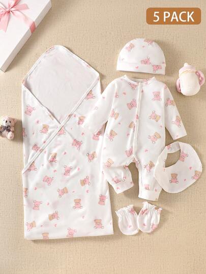 5 pièces Ensemble cadeau pour nouveau-né fille, style mignon et doux avec motif d'ours rose en forme de cœur, body à col ras du cou à manches longues + chapeau + gants + bavoir + couverture d'emmaillotage, ensemble à manches longues pour le printemps et l