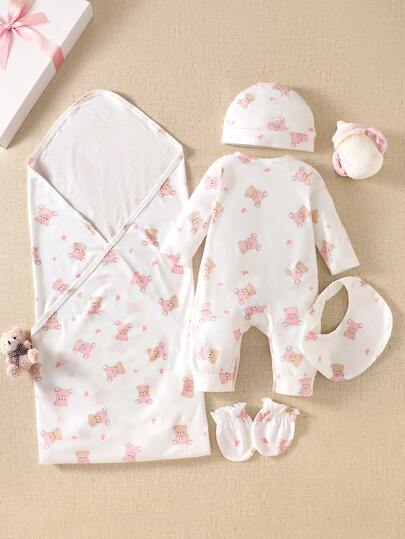 5 pièces Ensemble cadeau pour nouveau-né fille, style mignon et doux avec motif d'ours rose en forme de cœur, body à col ras du cou à manches longues + chapeau + gants + bavoir + couverture d'emmaillotage, ensemble à manches longues pour le printemps et l