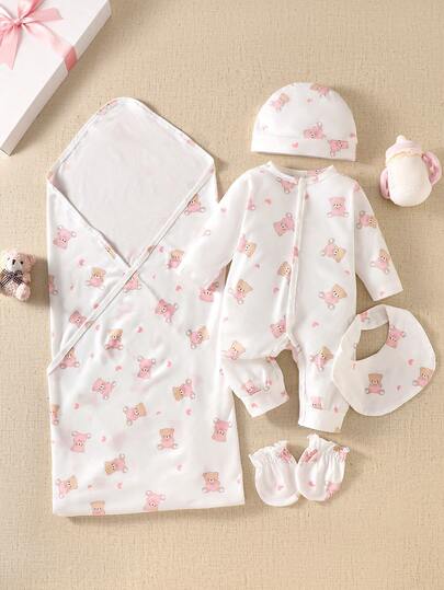 5 pièces Ensemble cadeau pour nouveau-né fille, style mignon et doux avec motif d'ours rose en forme de cœur, body à col ras du cou à manches longues + chapeau + gants + bavoir + couverture d'emmaillotage, ensemble à manches longues pour le printemps et l