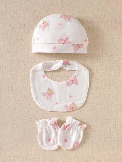 5 pièces Ensemble cadeau pour nouveau-né fille, style mignon et doux avec motif d'ours rose en forme de cœur, body à col ras du cou à manches longues + chapeau + gants + bavoir + couverture d'emmaillotage, ensemble à manches longues pour le printemps et l