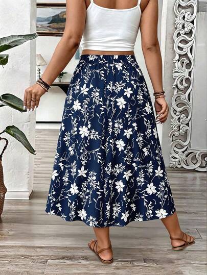 LUNE Jupe décontractée à taille élastique avec imprimé floral, grande taille, été