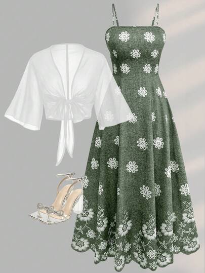 Ensemble deux pièces robe et veste en mousseline à imprimé floral élégant pour femmes, tenue décontractée romantique pour vacances à la plage, tea party, style bohème