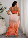 Slaydiva Ensemble de maillot de bain bikini dégradé pour vacances à la plage grande taille avec jupe de cache-maillot à volants