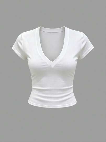 QUELARIE T-shirt décontracté ajusté à manches courtes et col en V de couleur unie pour femmes, été