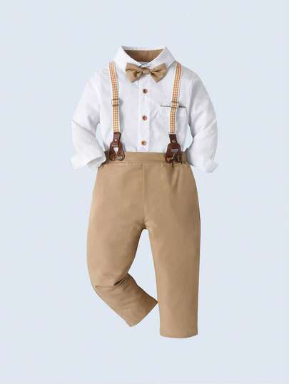BOARNSEORL 2 pièces Tenue de jeune homme de type gentleman - Chemise blanche à manches longues avec nœud papillon et pantalon à bretelles kaki, mode et élégante pour anniversaire, mariage, célébration d'anniversaire