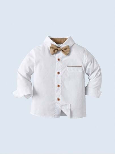 BOARNSEORL 2 pièces Tenue de jeune homme de type gentleman - Chemise blanche à manches longues avec nœud papillon et pantalon à bretelles kaki, mode et élégante pour anniversaire, mariage, célébration d'anniversaire