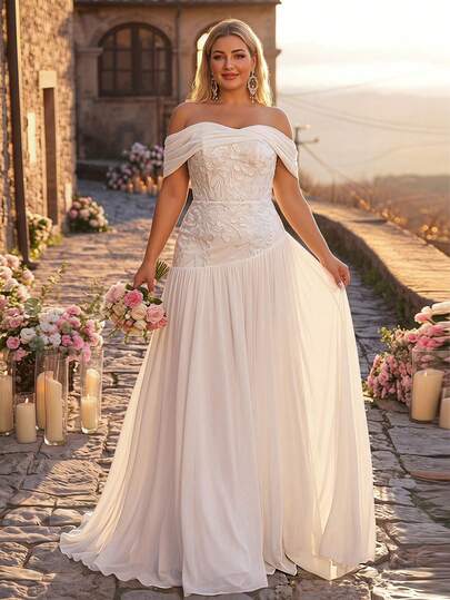 Glamrae Robe de mariée Top-de-gamme élégante et luxueuse avec appliqués en dentelle brodée, épaules dénudées. Convient pour les mariages, les fêtes, les vacances, les bals, les lunes de miel