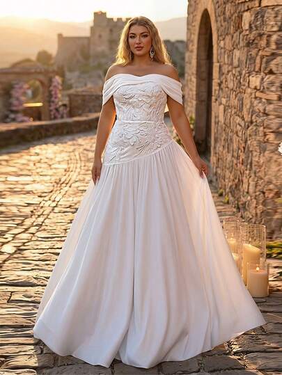 Glamrae Robe de mariée Top-de-gamme élégante et luxueuse avec appliqués en dentelle brodée, épaules dénudées. Convient pour les mariages, les fêtes, les vacances, les bals, les lunes de miel