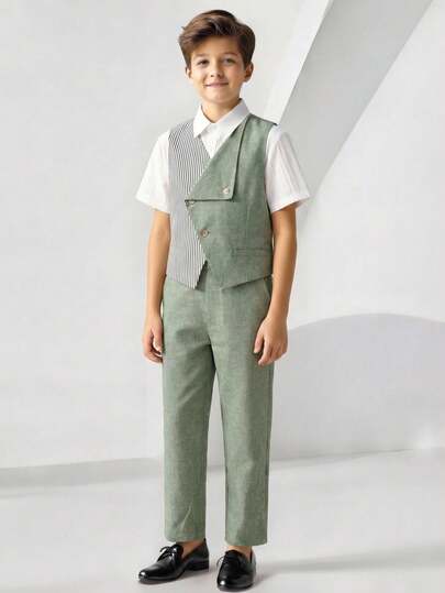 Ensemble de gilet et pantalon pour garçon préadolescent, style décontracté et confortable, en vert pois, coupe simple. Tenue de gentleman adaptée pour le printemps/été, sorties, la Saint-Valentin, rendez-vous, voyages, vacances, rassemblements familiaux,