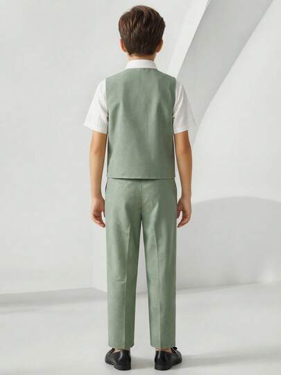 Ensemble de gilet et pantalon pour garçon préadolescent, style décontracté et confortable, en vert pois, coupe simple. Tenue de gentleman adaptée pour le printemps/été, sorties, la Saint-Valentin, rendez-vous, voyages, vacances, rassemblements familiaux,