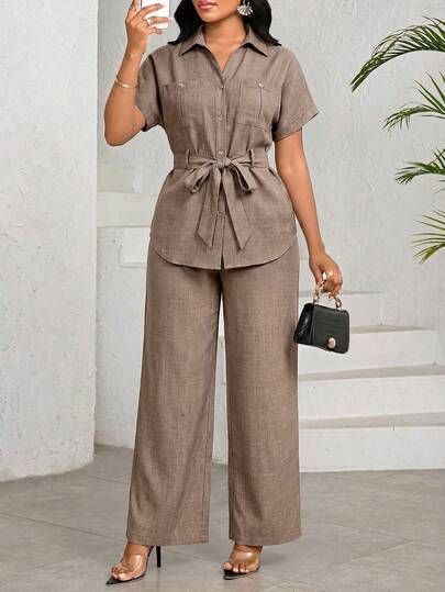 Ensemble 2 pièces chemise et pantalon décontracté d'été pour femmes