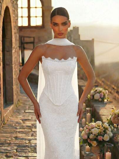 Glamrae Robe de soirée élégante et luxueuse avec queue de sirène 2 en 1, col bateau en dentelle blanche perlée avec manches amovibles, pour femmes