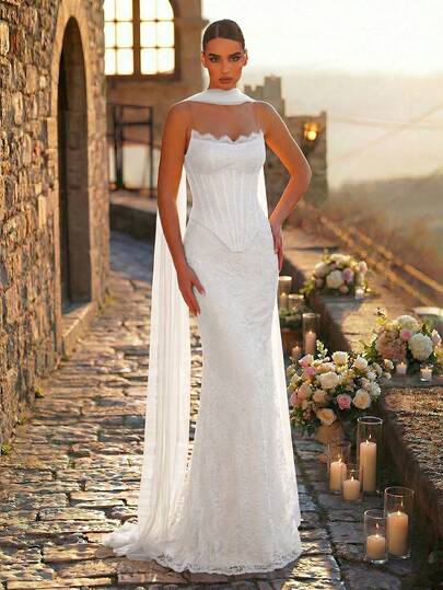 Glamrae Robe de soirée élégante et luxueuse avec queue de sirène 2 en 1, col bateau en dentelle blanche perlée avec manches amovibles, pour femmes