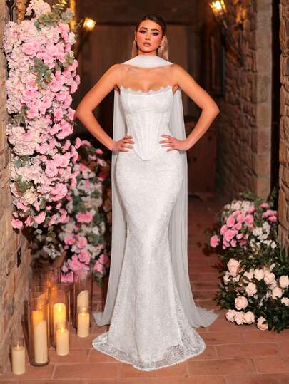 Glamrae Robe de soirée élégante et luxueuse avec queue de sirène 2 en 1, col bateau en dentelle blanche perlée avec manches amovibles, pour femmes