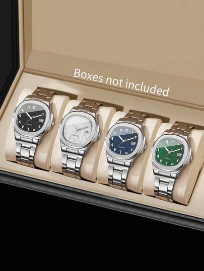 4 pièces/set Montre cadeau pour homme, montre-bracelet à quartz décontractée avec cadran carré à chiffres arabes et calendrier (boîte de montre non incluse)