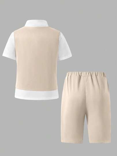 Ensemble de costume blanc beige noir pour garçon préadolescent, style gentleman, 2 pièces, gilet sans manches + short, élégant, preppy, formel, pour anniversaire, fête, mariage, automne