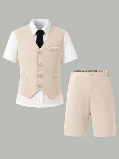 Ensemble de costume blanc beige noir pour garçon préadolescent, style gentleman, 2 pièces, gilet sans manches + short, élégant, preppy, formel, pour anniversaire, fête, mariage, automne